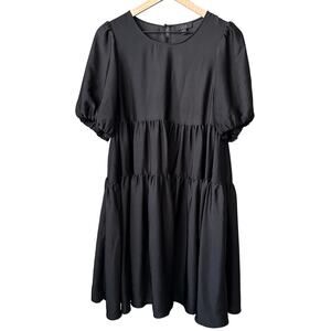 COS Black Satin Tiered with Puff Sleeves Flowy Relaxed Short Dress 8